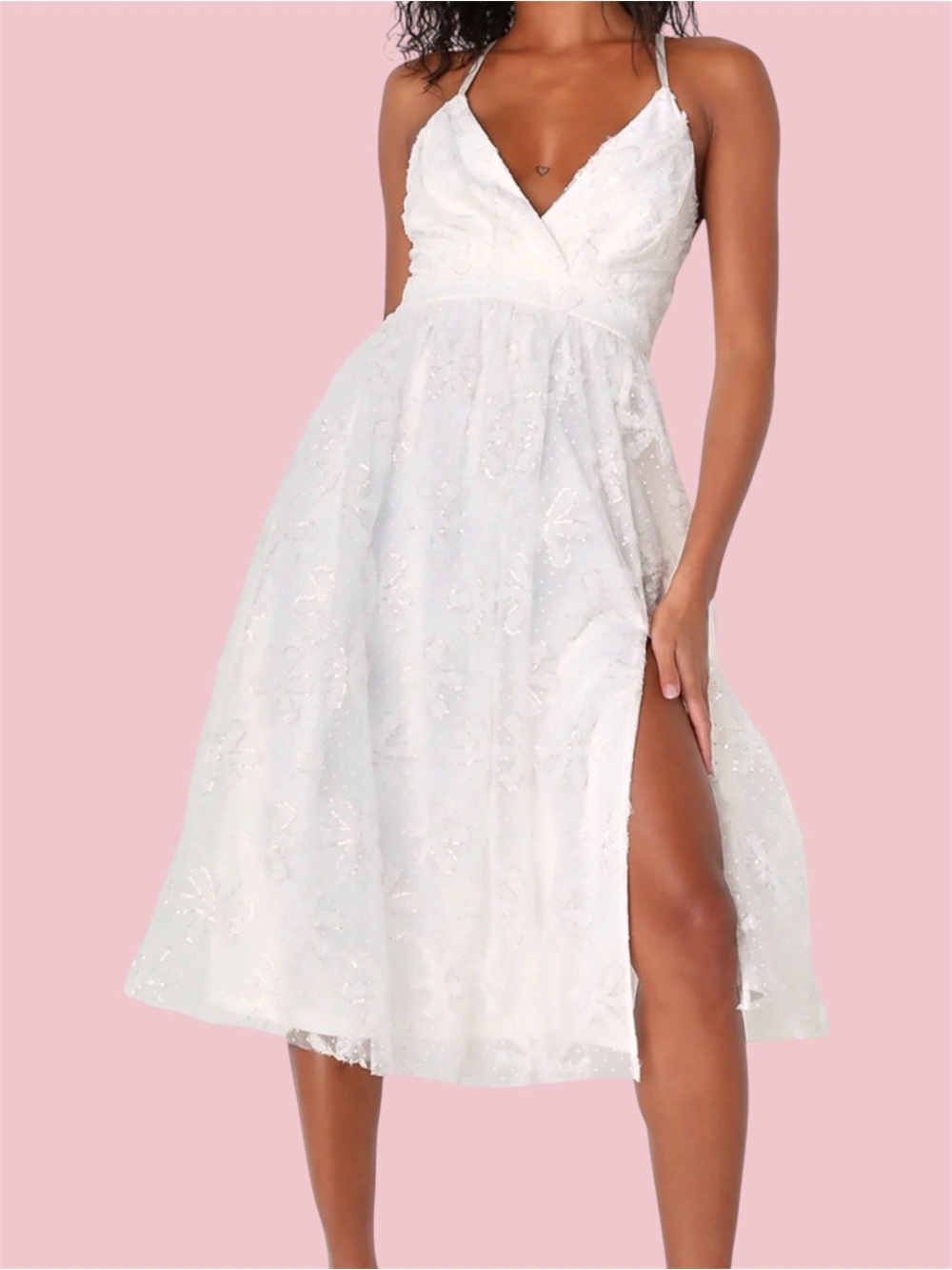 Lulu's Angelic Moment White Swiss Dot Sequin‎ Tulle Midi Dress